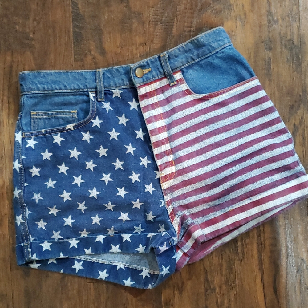American Apparel Blue and Red Star Stripe Jean Shorts